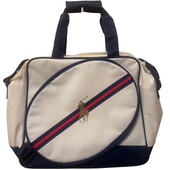 Ralph Lauren Polo Player Diaper Bag Tote White Navy Red Striped Logo - Picture 6 of 8